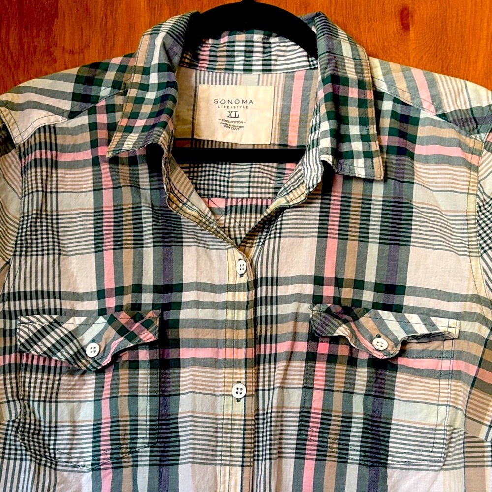 Sonoma Women’s Pink and Teal Plaid Top - Picture 4 of 6